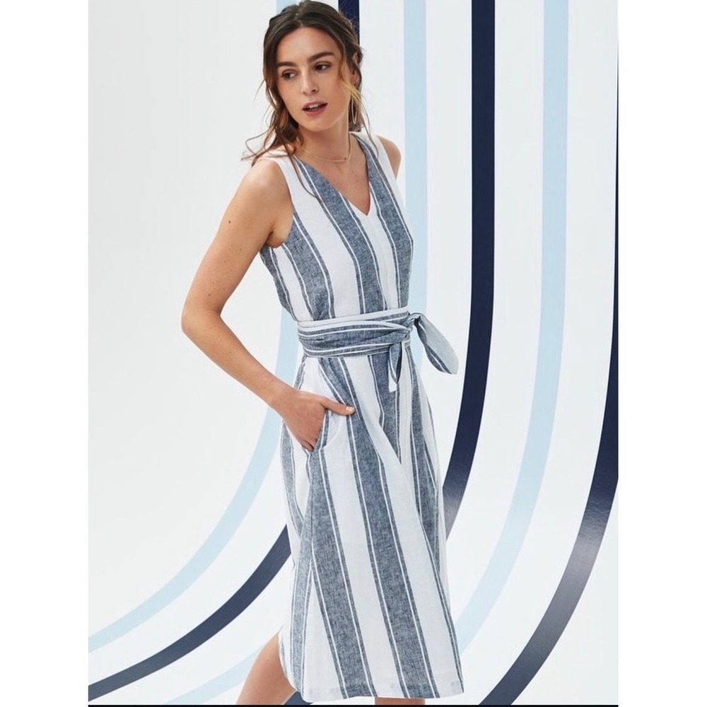 Court & Rowe Riviera Sleeveless V-Neck Tie-Waist Dress Stripe Linen XXL Pockets